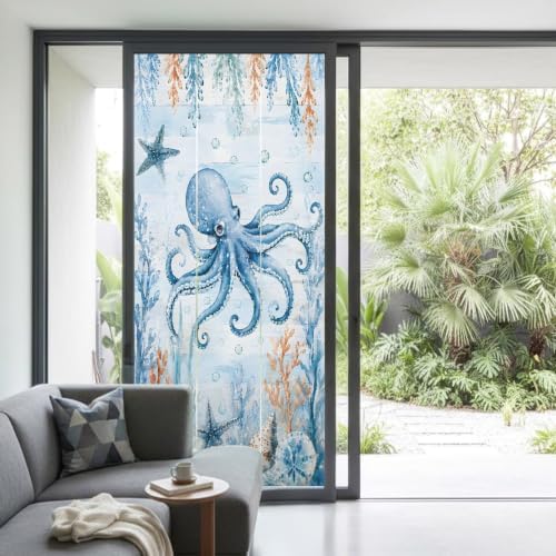Window Privacy Film Frosted, Coastal Octopus Non-Adhesive Static Cling Window Tint, Blue Ocean Coral Summer Beach Seaweed Insulated Windows Frosted Films for Living Room, 35.4 x 78.7 Inches - Image 2