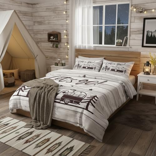 Homewish Camper Theme Bedding Set Happy Camping Comforter Cover Set for Kids Teens Women Room Decor Beige Wooden Duvet Cover Breathable Vintage Wood Farmhouse Bedspread Cover Full Size(No Comforter) - Image 4