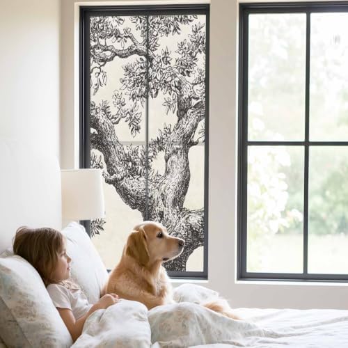 Window Privacy Film Frosted, Vintage Botanical Static Cling Door Window Covering, Antique Foliage Tree Rustic UV Blocking Windows Film for Office, Hotel, Bedroom, 29.5 x 78.7 Inches - Image 2