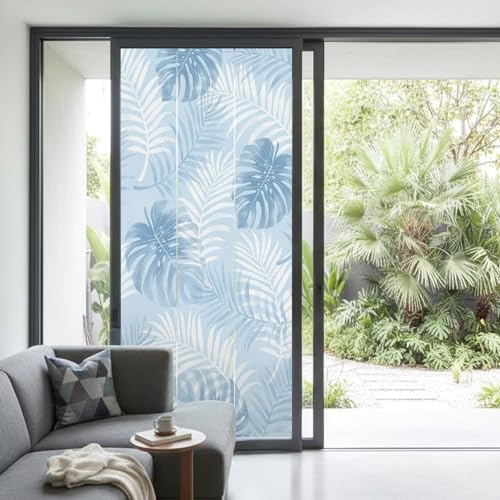Window Privacy Film Frosted, Sky Blue Palm Trees Tropical Non-Adhesive Static Cling Window Tint, Summer Beach Botanical Insulated Windows Frosted Films for Living Room, 35.4 x 78.7 Inches - Image 2