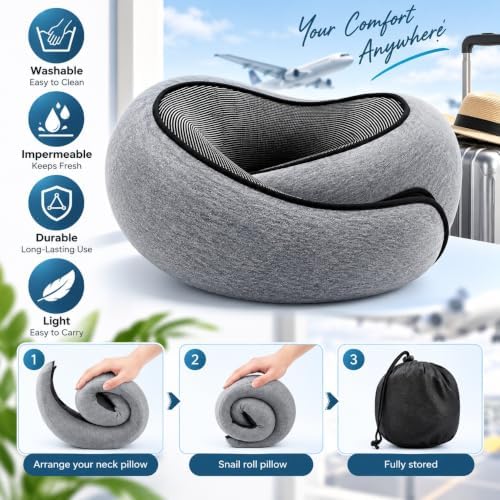Travel Pillow for Airplanes, Memory Foam Neck Pillow with Chin Support, Gray - Image 4