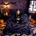 Halloween Themed Bedding Set King Size,Black Bats Animal Print Comforter Set Room Decor for Couple,Dark Purple Color Microfiber Down Comforter,2 Pillowcases by CastleFairy