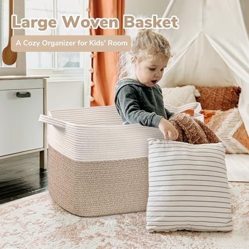 Goodpick 85L Large Woven Rope Blanket Basket, White & Light Brown - Image 2
