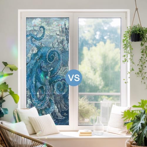 Ocean Blue Octopus Window Privacy Film Rainbow Static Cling Stain Glass Window Film for Glass Door, Decorative Sunroof Decal Sticker for Car 23.6"x78.7" Nautical Castle Coastal Lighthouse - Image 5