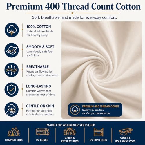 Zipper Cot Fitted Sheet Bundle, 32 x 75 Camping Cot Mattress Sheets, 400 Thread Count 100% Cotton, Includes 1 Wraparound Base, 2 Removable Zipper Top Sheets & 2 Pillowcases, 8 Inch Deep Pocket, Ivory - Image 6