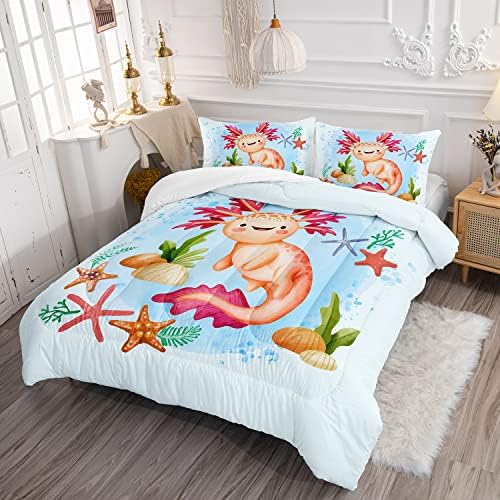 HOSIMA Axolotl Bedding Set for Kids Room Decor,Cartoon Axolotl Starfish Pattern Kawaii Bedding Set,Queen Comforter Set for Girls Child Boys,Cartoon Sea Animals Comforter Twin with 2 Pillowcase. - Image 2