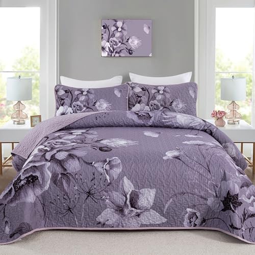 Floral Quilt Set King Size Bedding Set 3 PCs Dark Purple Boho Floral Quilt by DRUCON