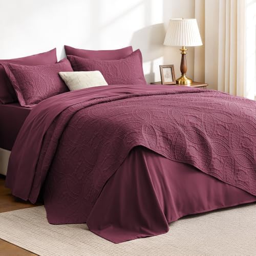 Love's cabin King Size Quilts Bedspreads, 7 Pieces Bed in a Bag, Burgundy by Lovescabin