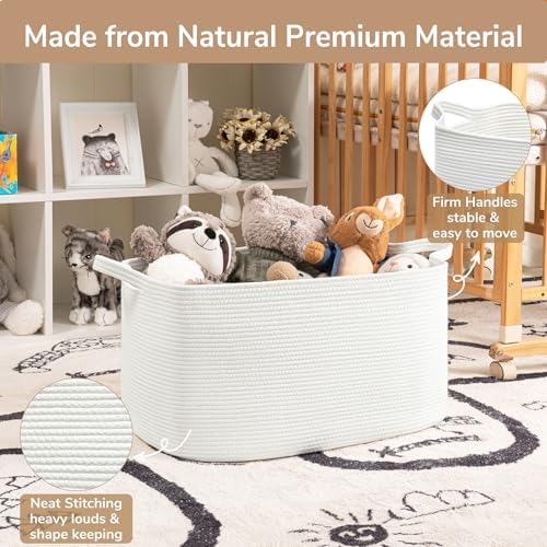 Goodpick Large Woven Rope Blanket Basket, Rectangle, White, 75L - Image 6
