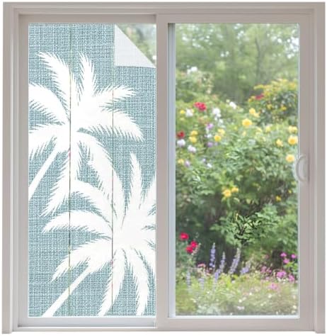 Window Privacy Film Frosted, Blue Grey Tropical Tree Non-Adhesive Static Cling Window Tint, Summer Coastal Palm Trees Insulated Windows Frosted Films for Living Room, 35.4 x 78.7 Inches by Unknown