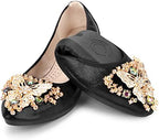 KUNWFNIX Women Ballet Flats Rhinestone Wedding Ballerina Shoes Foldable Sparkly Comfort Slip on Flat Shoes by KUNWFNIX