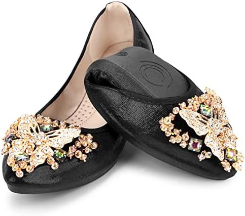 KUNWFNIX Women Ballet Flats Rhinestone Wedding Ballerina Shoes Foldable Sparkly Comfort Slip on Flat Shoes by KUNWFNIX