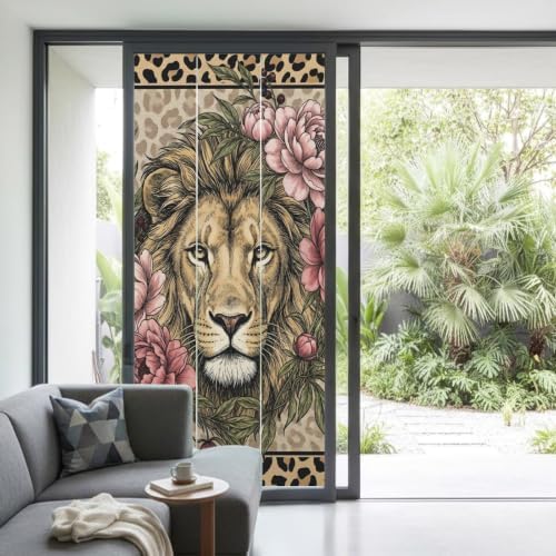 Window Privacy Film Frosted, Lion Print Non-Adhesive Static Cling Window Tint, Vintage Peony Flower Chic Wild Animals Texture Insulated Windows Frosted Films for Living Room, 35.4 x 78.7 Inches - Image 2