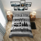 Castle Fairy Camper Bedding Set Full Size,Vintage Barn Door Stripes Duvet Cover for Teenagers Bedroom Decor,Happy Camping Truck Graffiti Bed Set of 3 Piece with Zipper Closure,Gray,No Comforter - Image 2