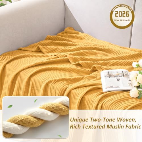 EMME Muslin Cotton Blanket Adults Heather Yellow Throw XL 50"x70" - Image 2
