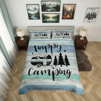 Castle Fairy Rustic Farmhouse Style Duvet Cover Queen Size,Camper Comforter Cover with 2 Pillowcase for Teens Adults,Happy Camping Black Sketch Drawing Breathable 3 Pieces Decorative Bed Cover - Image 2