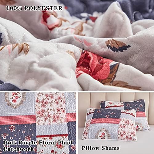Patchwork Quilt Set Twin Size, 2 Pieces Pink Purple Floral Plaid Design Summer Bedspread Coverlet Set, Soft Microfiber Reversible Lightweight Bed Cover for Kids (68" x 86", 1 Quilt+ 1 Pillow Sham) - Image 6