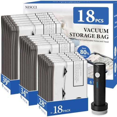 18 Pack Travel Vacuum Bags for Clothing with Rechargeable Wireless Air Pump by NESCCI