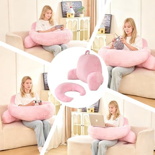 17" Reading Pillow for Bed,U Shaped Arm & Elbow Support,Pink Faux Fur - Image 5