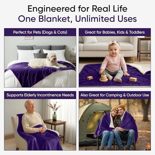 Waterproof Blanket for Bed, Couch & Sofa, Reversible Sherpa & Flannel Throw Blanket, Leakproof Soft Washable Furniture Protector for Pets & Home (Purple, 40"x60") - Image 5