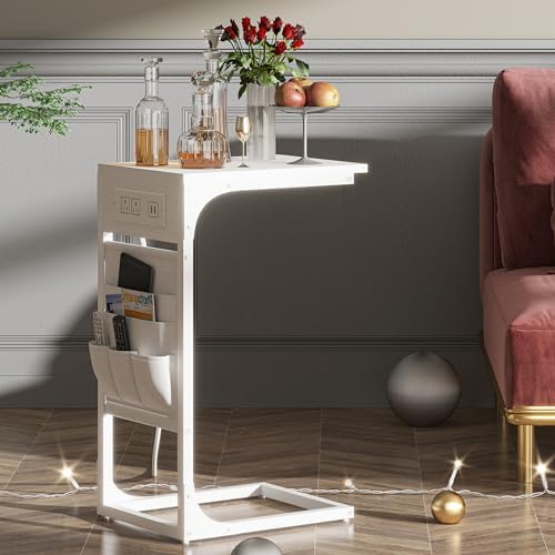TUTOTAK C Shaped End Table with Charging Station, Side Table for Sofa - Image 4