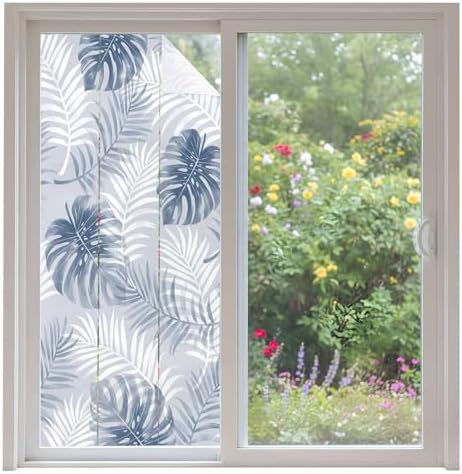 Window Privacy Film Frosted, Navy Blue Palm Trees Tropical Non-Adhesive Static Cling Window Tint, Summer Beach Botanical Insulated Windows Frosted Films for Living Room, 35.4 x 78.7 Inches by Unknown