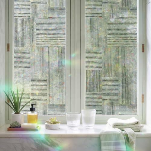 Window Privacy Film Static Cling, Blue Modern Striped Decorative Stained Glass Window Film for Floor-to-Ceiling Glass/Large Patio Doors, Grid Line Blocks Farmhouse 29.5 x 118 Inches - Image 6