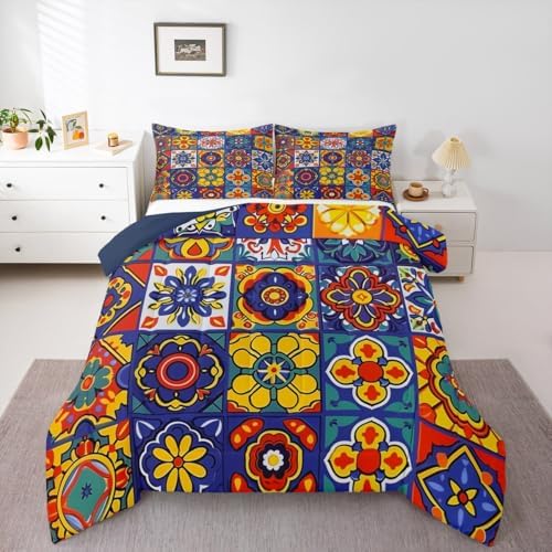 Erosebridal Mexican Talavera Tile Twin Comforter Set - Colorful Mexico Tiles Bedding Set, Vintage Floral Patchwork Quilt for Kids Adults, Exotic Ethnic Aesthetic Bedroom Decor -1 Pillowcase - Image 2