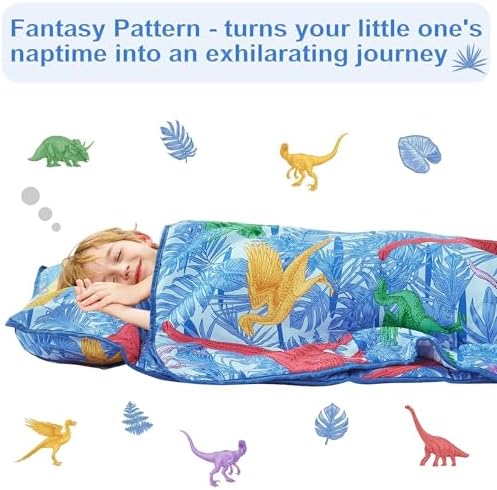 Viviland Toddler Nap Mat with Pillow and Minky Blanket, Rolled Large Sleeping Mat for Boys, Kids Slumber Bag Nap Mat for Preschool, Daycare, Kindergarten, Travel Camping - Dinosar Adventure - Image 3