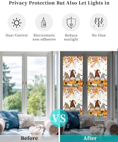 Window Privacy Film Frosted, Thanksgiving Fall Reusable Static Cling Window Tints, Gnomes Orange Green Pumpkin Leaves Heat Control Windows Films for Offices, Balcony, 29.5 x 118 Inches - Image 6