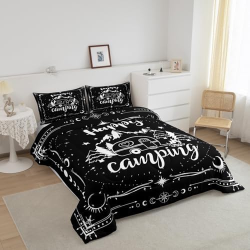 Erosebridal Camping Comforter Set Twin Black and White for Kids Boys Girls - Happy Camping Bedding Set for RV, Moon and Stars Room Decor Quilt Bed Set 2Pcs - Image 4
