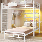 VIAGDO Bunk Bed Twin Over Twin with 5 Storage Drawers, Twin Bunk Beds with Charging Station and Lights, L-Shaped Metal Bunk Bed with Shelves, Bedside Pocket, Guardrail & Ladder for Kids, Teens, White by VIAGDO