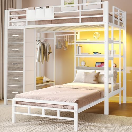 VIAGDO Bunk Bed Twin Over Twin with 5 Storage Drawers, Twin Bunk Beds with Charging Station and Lights, L-Shaped Metal Bunk Bed with Shelves, Bedside Pocket, Guardrail & Ladder for Kids, Teens, White by VIAGDO