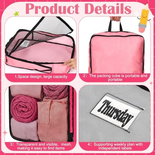 7 Pcs Packing Cubes for Travel Days of Week, Pink, L - Image 3