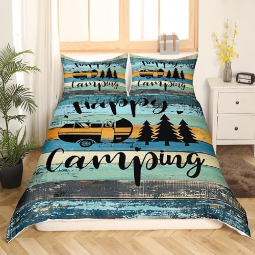 Castle Fairy RV Camper Duvet Cover Twin Size,Happy Camping Green Blue Bedding Set 2pcs for Kids Teens,Farmhouse Style Stripes Comforter Cover Soft Quilt Cover Bedroom Decor Bedspread,No Comforter - Image 3