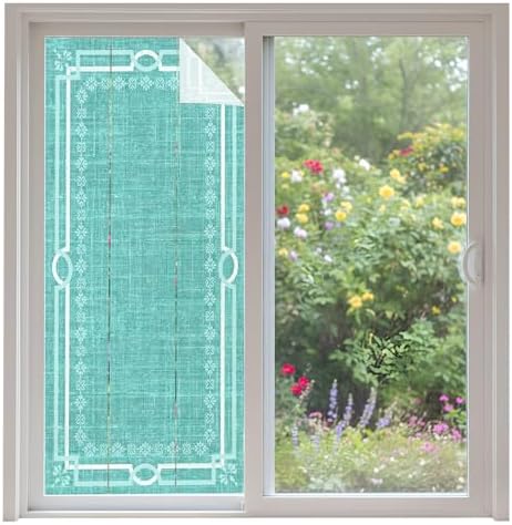 Window Privacy Film Frosted, Turquoise Botanical Non-Adhesive Static Cling Window Tint, Vintage Florals Geometric Minimalist Insulated Windows Frosted Films for Living Room, 35.4 x 78.7 Inches by Unknown