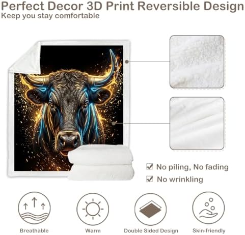 Bull Sherpa Blanket Power Animal Print Throw Blanket for Men Soft Warm Cozy 50x60 Inches Neon Wealth Energy Design Office Bedroom Decor Motivational Gift for Birthday Housewarming Anniversary - Image 7