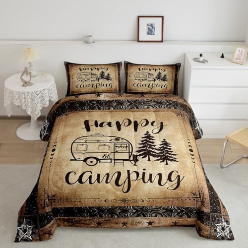 Erosebridal Happy Camping Bedding Sets King Western Camper Accessories Comforter Set for Rv Bunk,Travel Trailers Quilt Duvet Comforter for Teen Boys Adults Men Rustic Farmhouse Quilt Set by Erosebridal