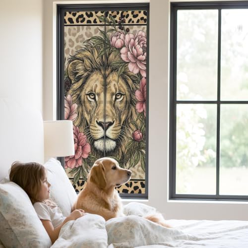 Window Privacy Film Frosted, Lion Print Static Cling Door Window Covering, Vintage Peony Flower Chic Wild Animals Texture UV Blocking Windows Film for Office, Hotel, Bedroom, 29.5 x 78.7 Inches - Image 2