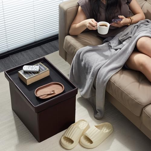 AmasSmile Ottoman with Storage,Folding Stool,17" Leather,Brown 2 Pack - Image 2