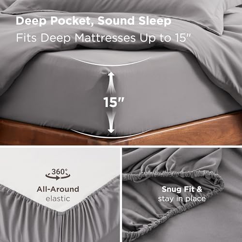Bedsure Queen Duvet Cover with Fitted Sheet, Double Brushed Bedding, Grey - Image 2