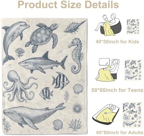 Vintage Ocean Animals Throw Blanket, Lightweight Warm Nautical Flannel Blanket with Dolphin Turtle Whale Octopus, Home Decor and Gifts, Soft Cozy Blankets for Women Kids, 50"x60" for Bed Couch Travel - Image 3