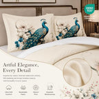 CCoutueChen King Size Comforter Set for Women,Teal Peacock Feather Bedding Set with Blue and White Floral,Elegant Watercolor Bird Flowers Decor,3Pcs Soft Fluffy Microfiber with 2 Pillowcases,104 * 90 - Image 3