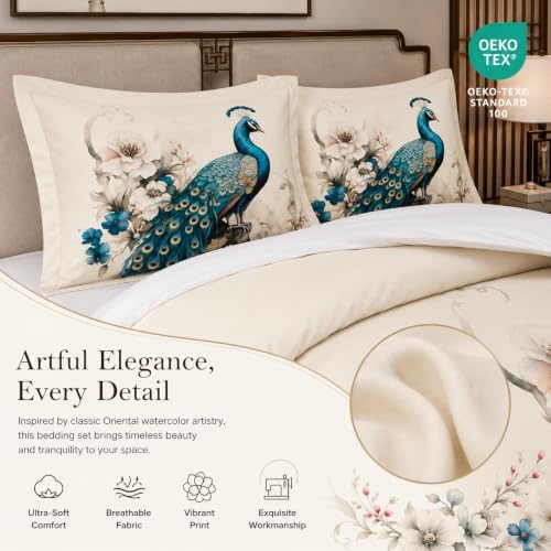 CCoutueChen King Size Comforter Set for Women,Teal Peacock Feather Bedding Set with Blue and White Floral,Elegant Watercolor Bird Flowers Decor,3Pcs Soft Fluffy Microfiber with 2 Pillowcases,104 * 90 - Image 3