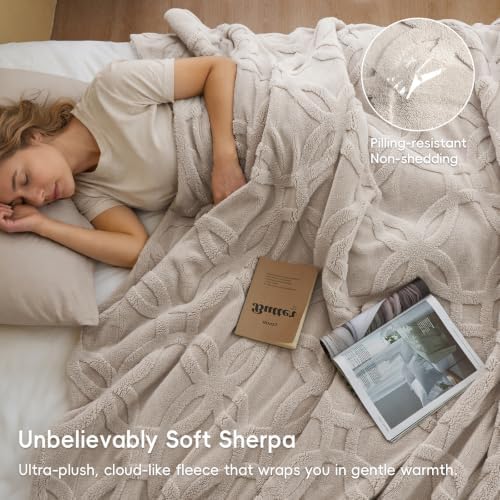 PHF Soft Sherpa Fleece Blanket Twin, Tufted Jacquard, 01-Oak - Image 2
