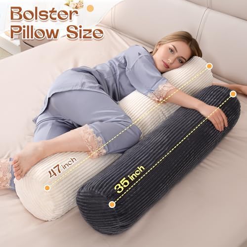 1 MIDDLE ONE Body Pillow for Adults, Long Bolster Pillow for Bed, Decorative Round Roll Hug Pillow with Corduroy Cover (Off-White, 47x7.87 inch) - Image 2