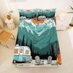 Erosebridal RV Camper Queen Fitted Sheet, Rustic Camping Themed Bedding Set for Kids Girls Boys, Mountain Cabin Forest Bed Sheets(No Top Sheet), Outdoor Travel Trailer Room Decor by Erosebridal