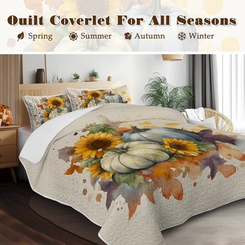 BlessLiving Queen Quilt Watercolor Pumpkin Sunflower Halloween Fall Bedding - Image 2