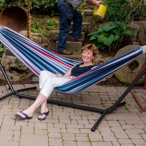 Vivere Double Cotton Hammock with Space Saving Steel Stand, Upgraded Polyester End Strings 450 lb Capacity - Premium Carry Bag Included - USA Grown Cotton (Denim) - Image 6