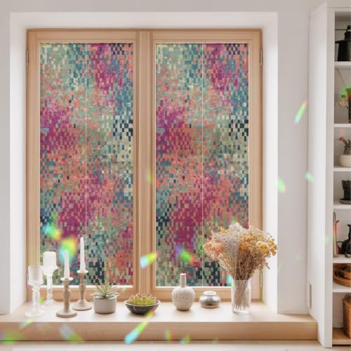 Window Privacy Film Static Cling, Colorful Geometric Decorative Stained Glass Window Film for Sliding Patio Doors/Living Room Glass Doors, Modern Boho Blocks Abstract Art 29.5 x 78.7 Inches - Image 3